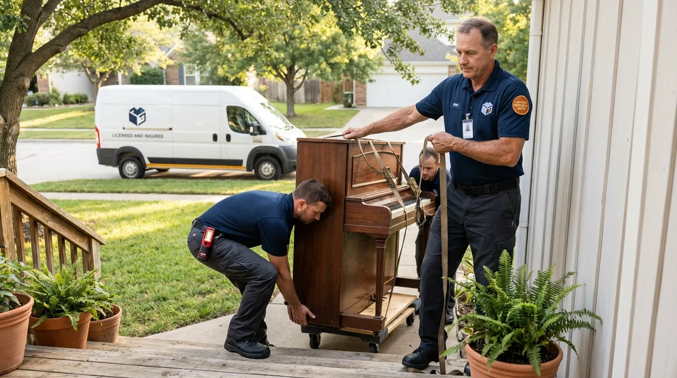 Licensed piano movers securing grand piano in Rowland Heights, CA