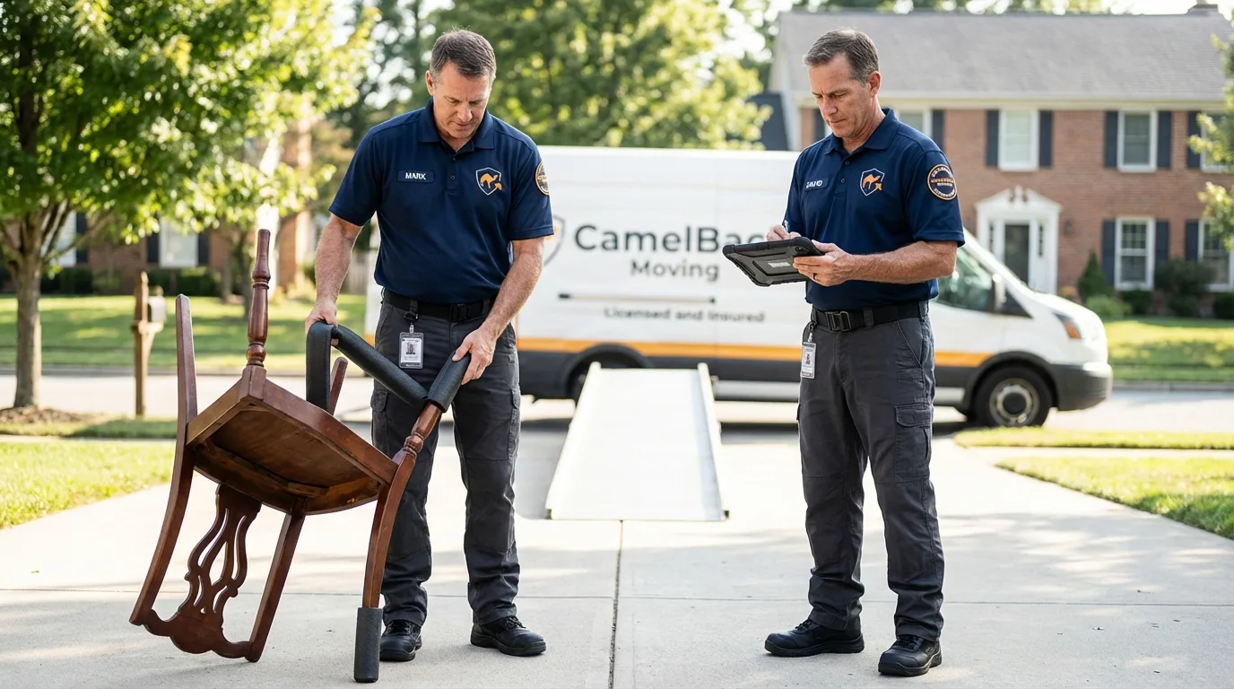 Movers inspecting furniture for damage prevention before loading in Rowland Heights, CA
