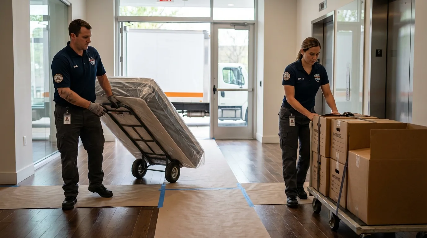 Professional apartment movers loading elevator in Rowland Heights, CA